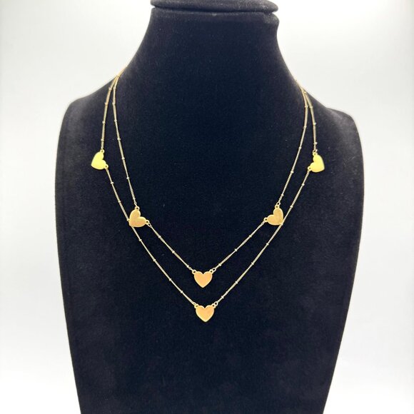 Matte Gold Tone Hearts Double Chain Necklae - Picture 2 of 4